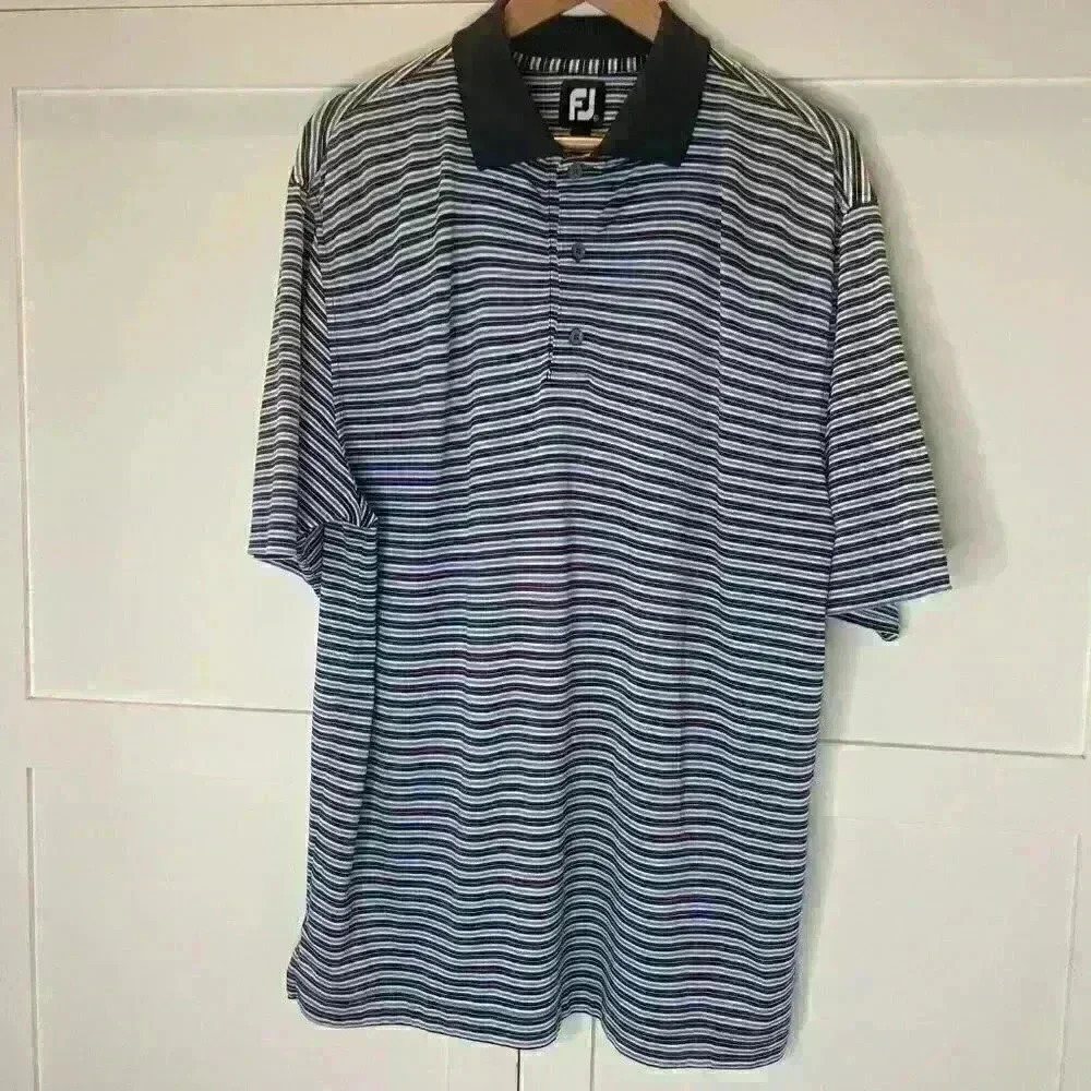 Foot Joy Men's Golf Shirt Sz Large Black/Blue/White Stripes Pre-Owned
